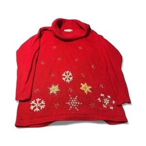 VICTORIA JONES Woman Red  Embellished Gold Beads Holiday Cowl Neck Sweater Large
